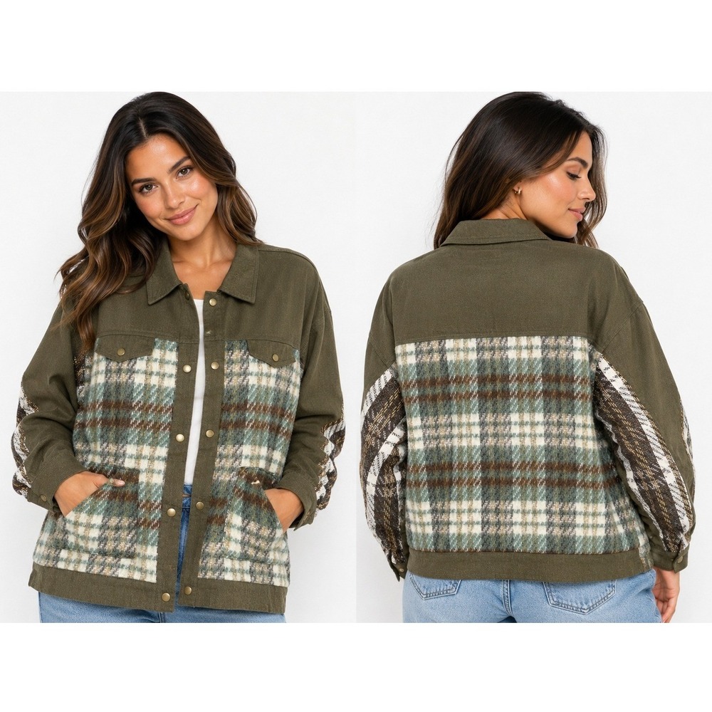 Umgee Shacket Women XL Olive Green Plaid Mixed Media Button Front New Pockets